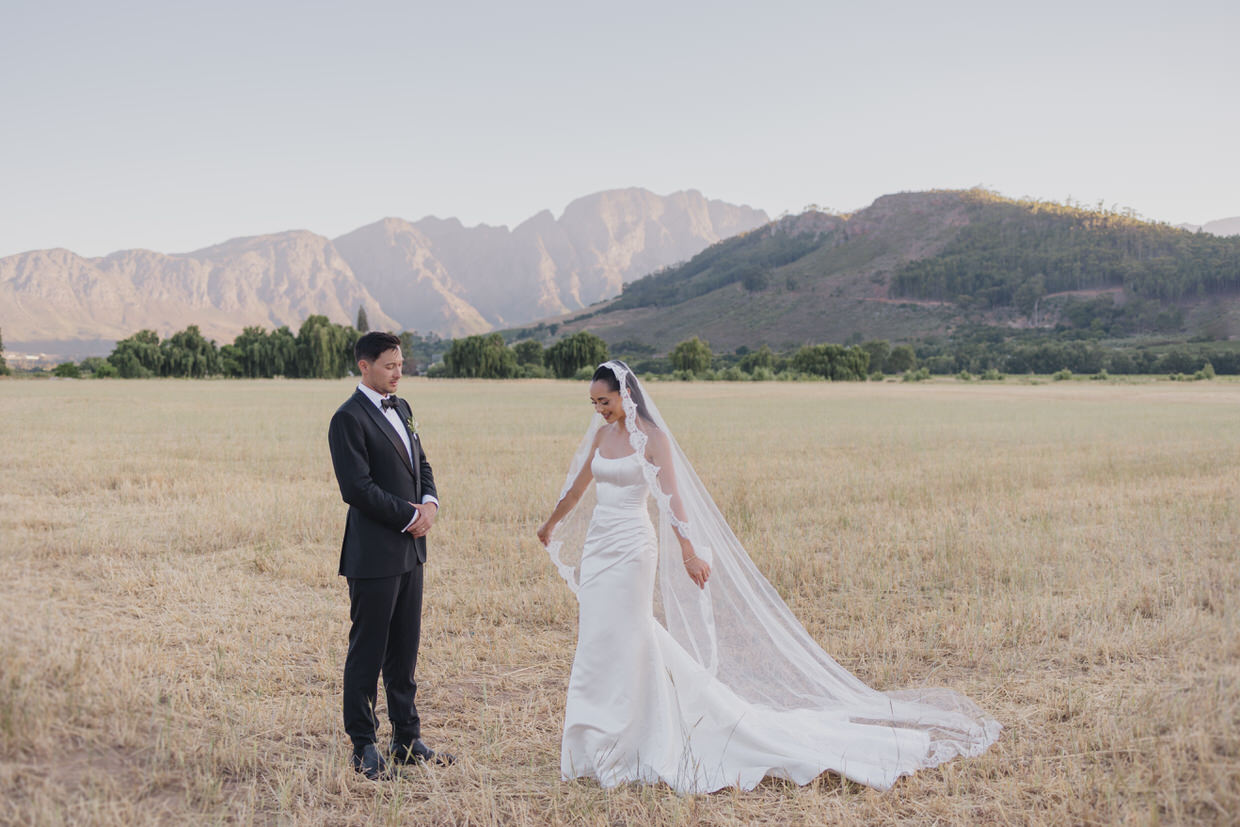 bride and groom at sunset
