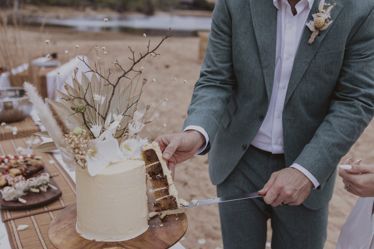 bride and groom cutting cake on safari