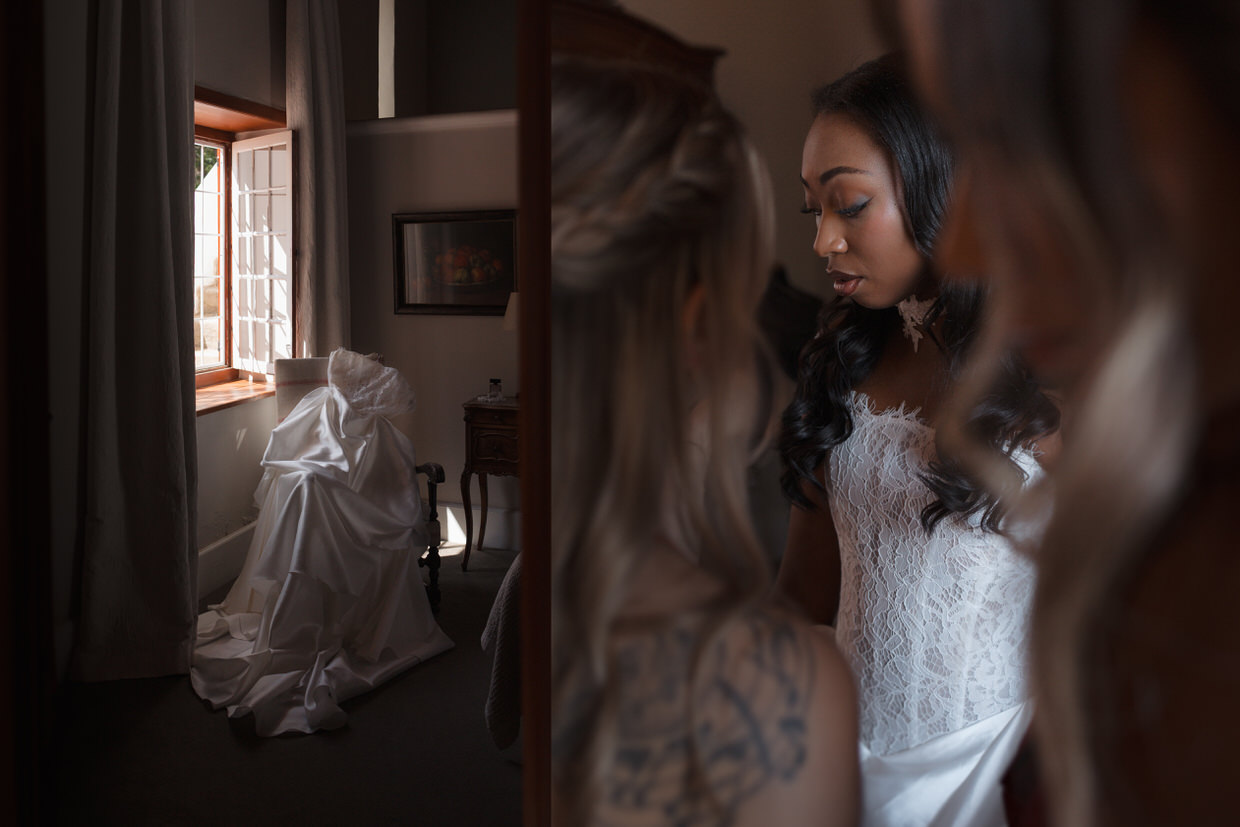 bride getting ready and wedding dress